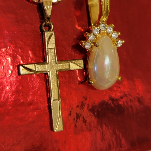 Vintage & Roman Jewelry - Vintage 12K gold cross & newer Roman faux pearl & crystal pendant